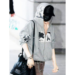 NI-KI Same Style Gray Zipper Hoodie Top