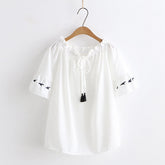 Fresh Embroidery Lace Up Women's Chiffon Shirt