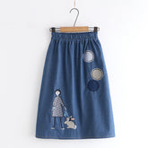Vintage Cartoon Patch Girls' Embroidered Denim Skirt