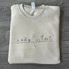 Plants And Cat Embroidered Sweatshirt