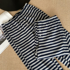 Korean Style Half-button Drawstring Striped Pants