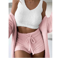 Women's Plush Casual Tank Top Cardigan Shorts 3 Piece Pajamas