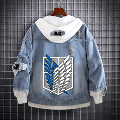 Unisex Anime Fake Two Hooded Denim Jacket