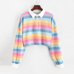 Girls' Striped Rainbow Polo Neck Long Sleeved T-shirt