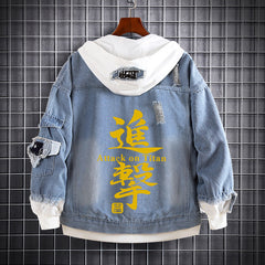 Unisex Anime Fake Two Hooded Denim Jacket