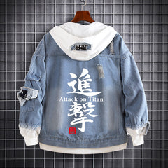 Unisex Anime Fake Two Hooded Denim Jacket