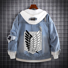 Unisex Anime Fake Two Hooded Denim Jacket