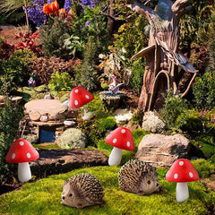 Resin Hedgehog and Wooden Mushroom Garden Accessories