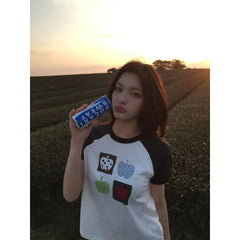 IROHA Same Color Block Apple Printed T-shirt