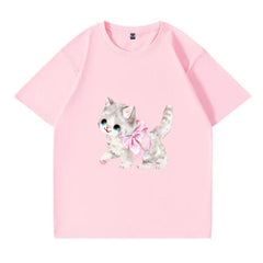 Pink Cat Cotton T-shirt By Angelic.spirit99