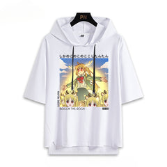 Casual Anime Graphic Print Hooded Short-sleeved T-shirt