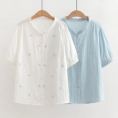Women Plain Color Flower Embroidery Short Sleeve Shirt