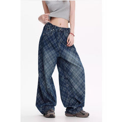 Minju Blue Plaid High-waisted Wide-leg Denim Pants