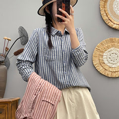 Women's Stripes Lapel Long-sleeved Shirt