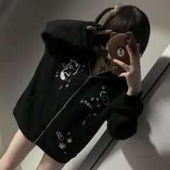 Y2K Zip Up Cute Cat Ears Graphic Hoodie