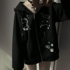 Y2K Zip Up Cute Cat Ears Graphic Hoodie