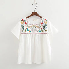 Women's Tree Embroidered Square Neck Doll Shirt