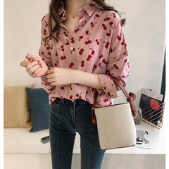 Women's Cherry Print Long-sleeved Shirt