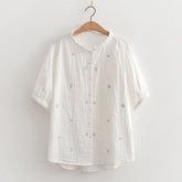 Women Plain Color Flower Embroidery Short Sleeve Shirt