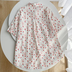Sweet Cartoon Bunny Print Lapel Short-sleeved Shirt