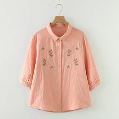 Flower Embroidery Medium-sleeved Women's Cardigan Shirt