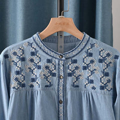 Japanese Style Washed Denim Embroidery Shirt