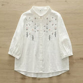 Women's Flower Embroidery White Loose Shirt