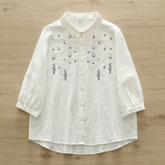 Women's Flower Embroidery White Loose Shirt
