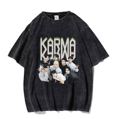 Unisex Kpop KARMA Pattern Print Washed T-shirt