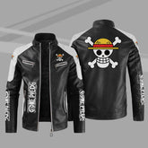 Luffy Logo Printed Zipper Leather Jacket