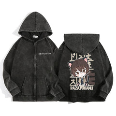 Vintage Anime Black Zipper Hoodie