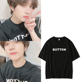 Casual Button Letter Cotton Round Neck T-shirt