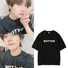 Casual Button Letter Cotton Round Neck T-shirt