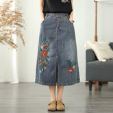 Floral Embroidered Elastic Waist Button Denim Skirt