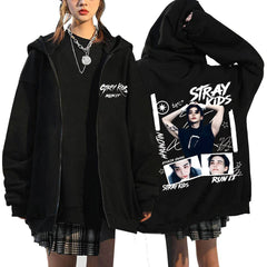 SKZ Run It Printed Zip-up Black Hoodie