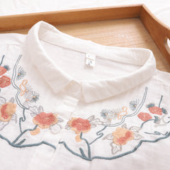 Japanese Mori Flower Embroidered Cotton Shirt