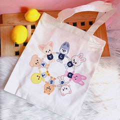 Skz Members Cartoon Characters Printed Canvas Shoulder Tote Bag