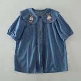 Cute Rabbit Embroidered Doll Collar Washed Denim Short Sleeved Shirt