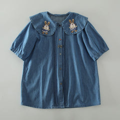 Cute Rabbit Embroidered Doll Collar Washed Denim Short Sleeved Shirt