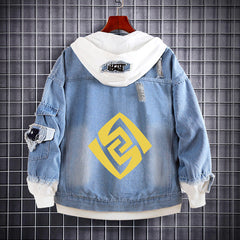 Unisex Game Logo Loose Hooded Denim Coat
