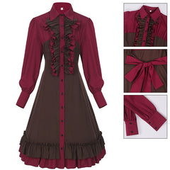 Retro Medieval Shirt Collar Ruffle Hem Dress