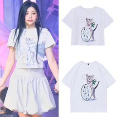 Wonhee White Kitten Print Crop T-Shirt
