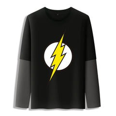 Cool Men's Comic Logo Print Fake Two-piece Long-sleeved Shirt