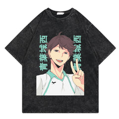 Casual Anime Graphic Washed Cotton T-shirt