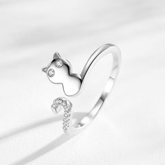 Sweet Cute Silver Cat Adjustable Ring