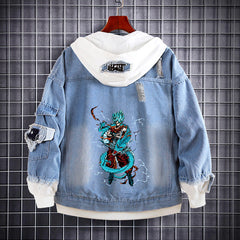 Unisex Trendy Anime Loose Fake Two Denim Jacket