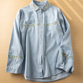 Women's Floral Embroidered Lapel Denim Shirt