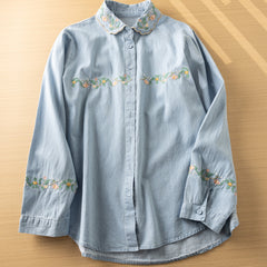 Women's Floral Embroidered Lapel Denim Shirt