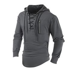 Men's Hooded Lace-up Zipper Pocket Sports Shirt