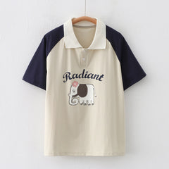 Japanese Style Women's Cartoon Elephant Printed Patchwork T-shirt